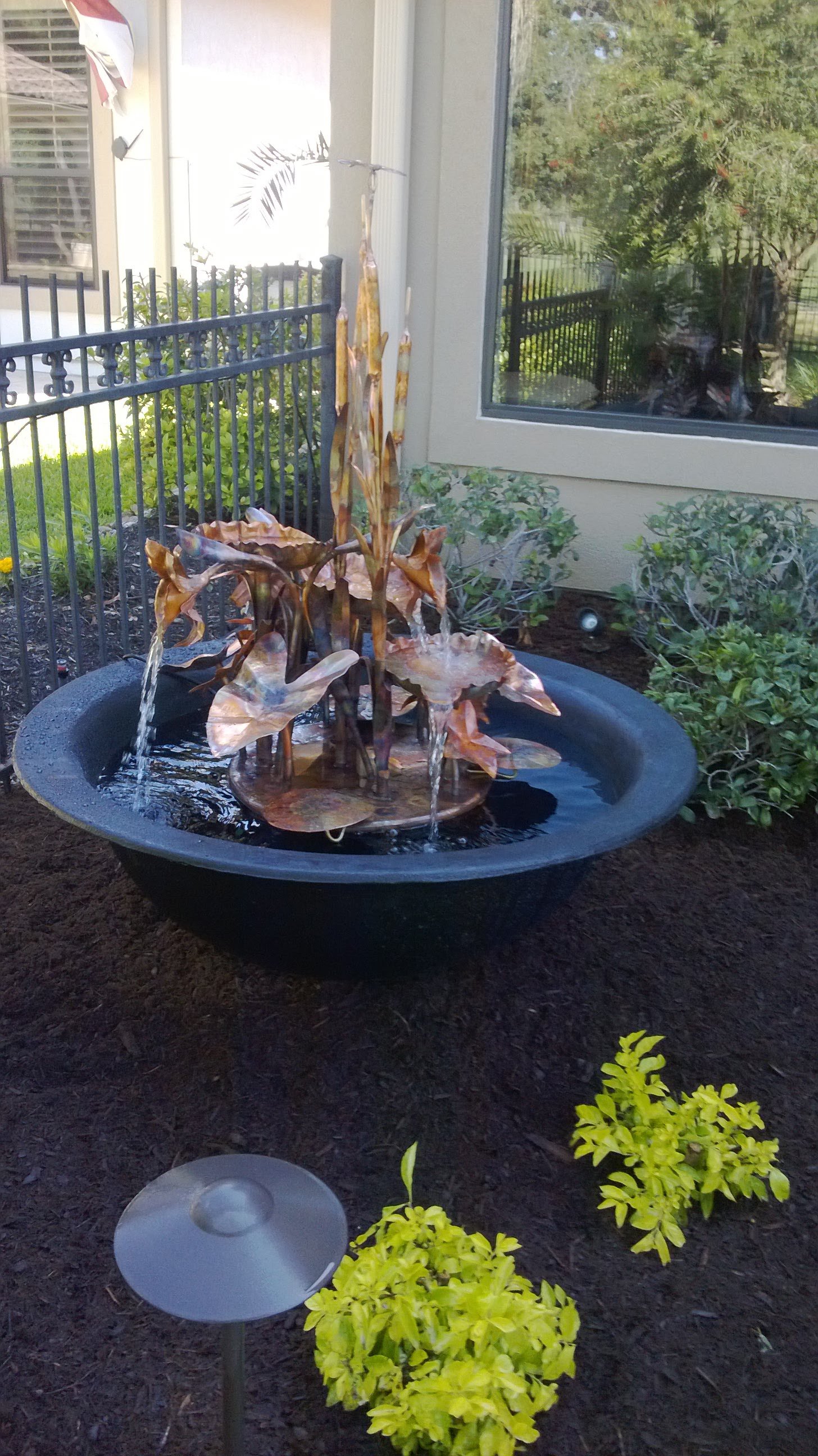 Outdoor water feature and lighting installation Houston TX