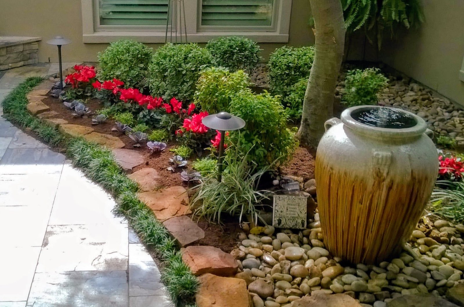 Custom fountain lighting and garden irrigation Cypress TX